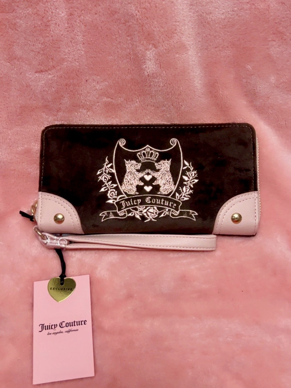 Juicy Couture Brown and Pink Scottie Dog Crest Large Zip Around Wristlet Wallet